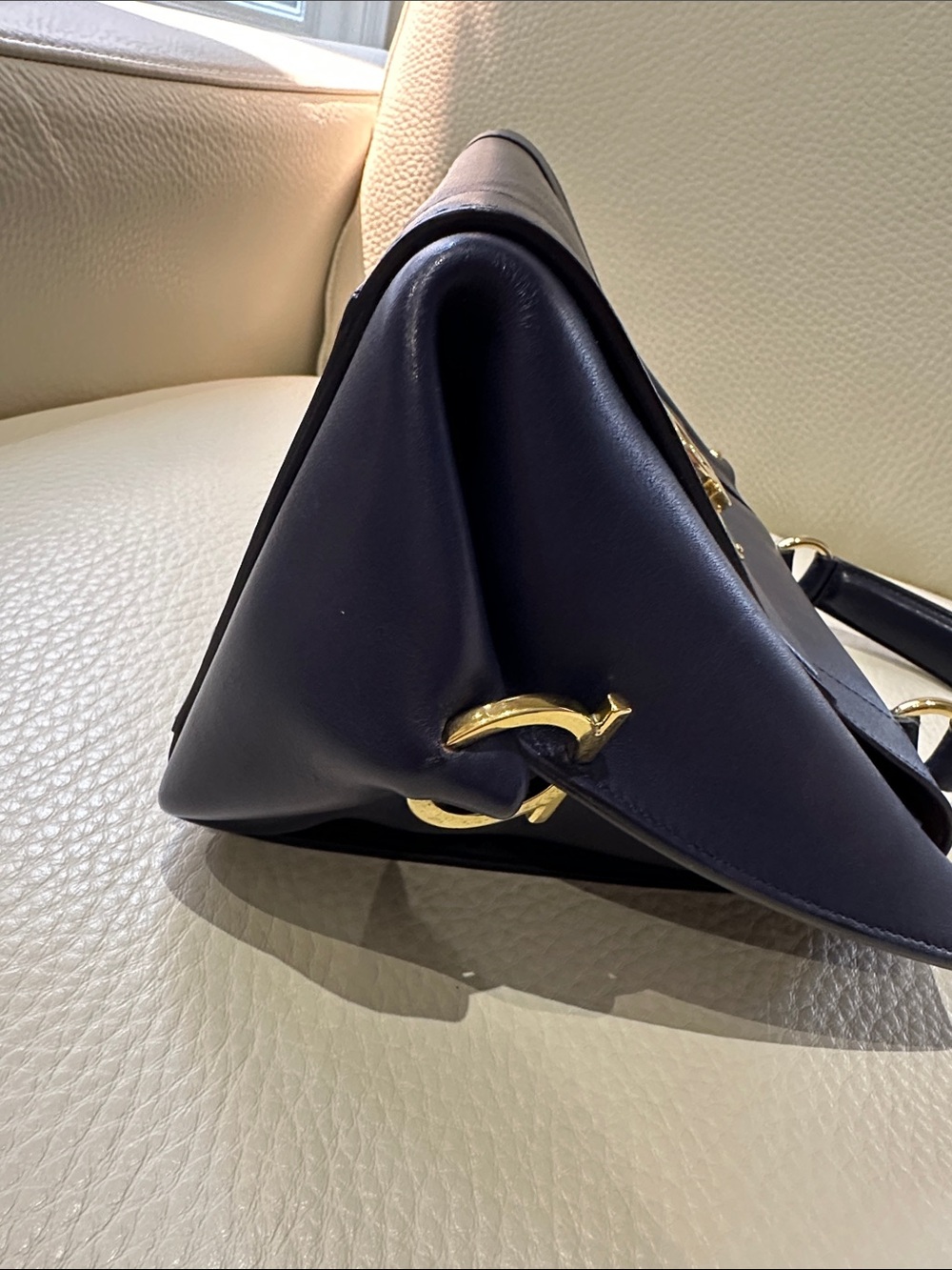Salvatore Ferragamo Sofia Small Satchel in navy blue with gold-tone hardware. - Picture 6 of 11